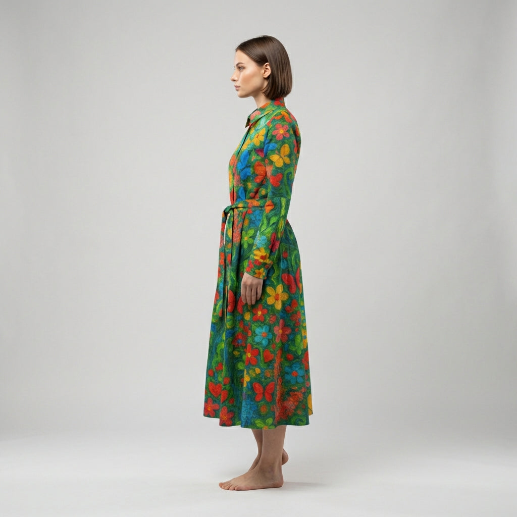 Button Front Shirt Dress Butterfly Flowers