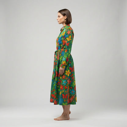 Button Front Shirt Dress Butterfly Flowers