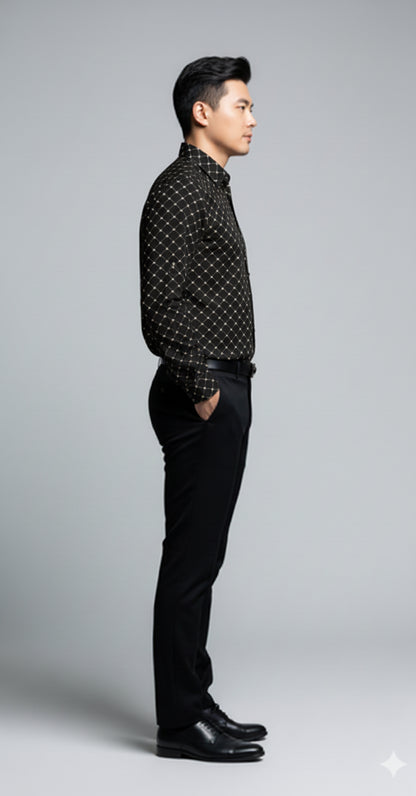 Crown and Lines Silver on Black Structured Linen Dress Shirt with Franklin Spread Collar