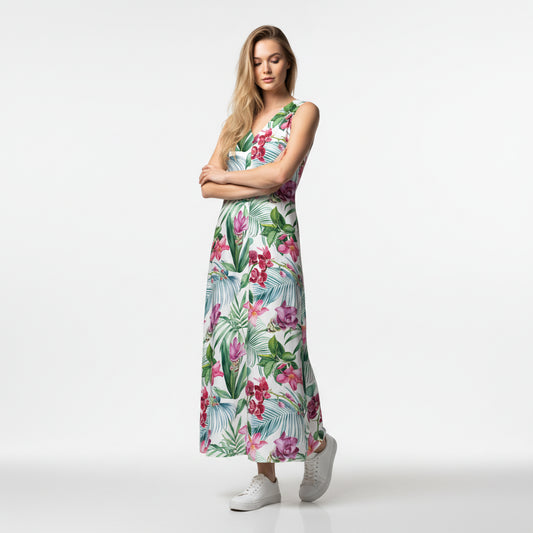V-Neck A-Line Linen Dress – White Tropical Floral
