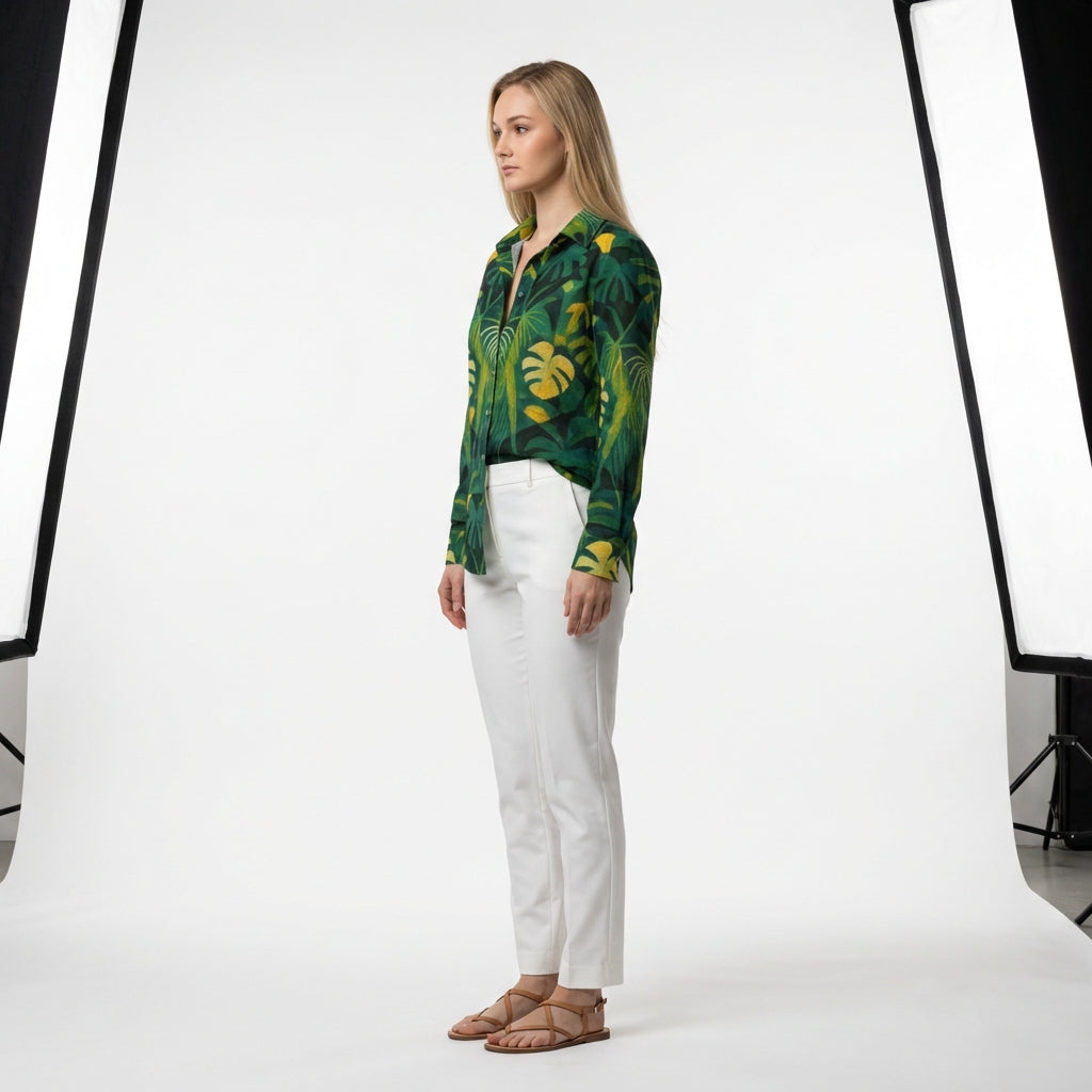 Button Front Shirt Green Leaves