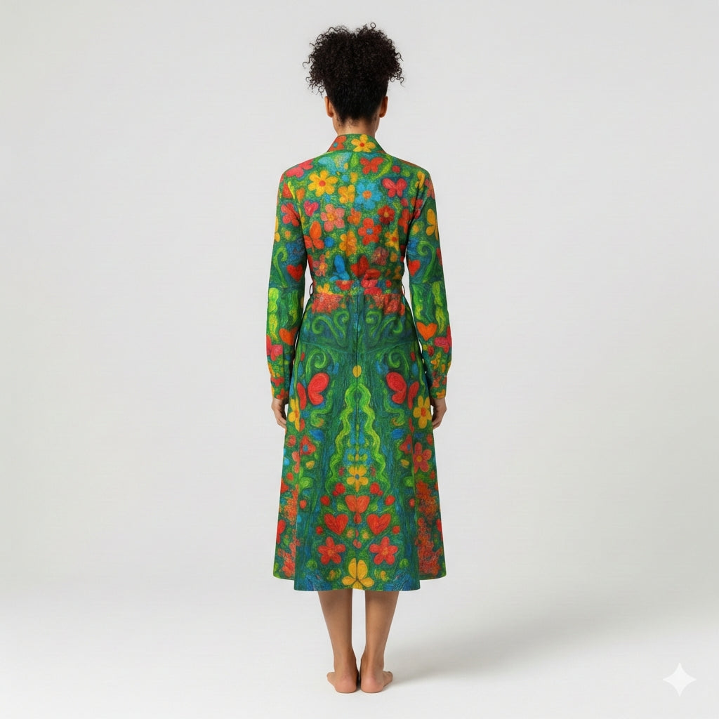 Button Front Shirt Dress Butterfly Flowers
