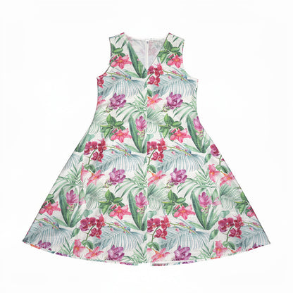 V-Neck A-Line Linen Dress – White Tropical Floral