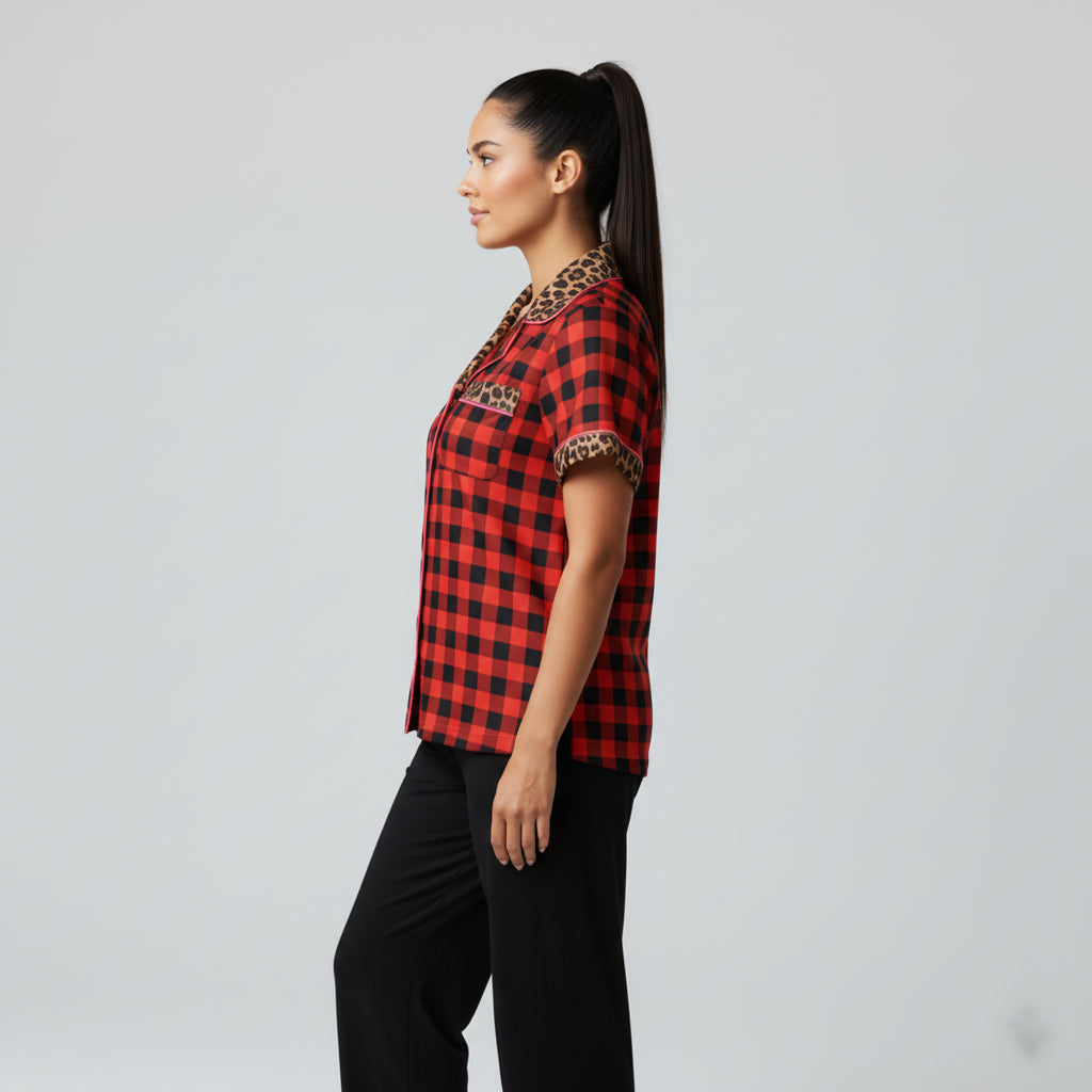 Buffalo Check/ Leopard Pajama Top