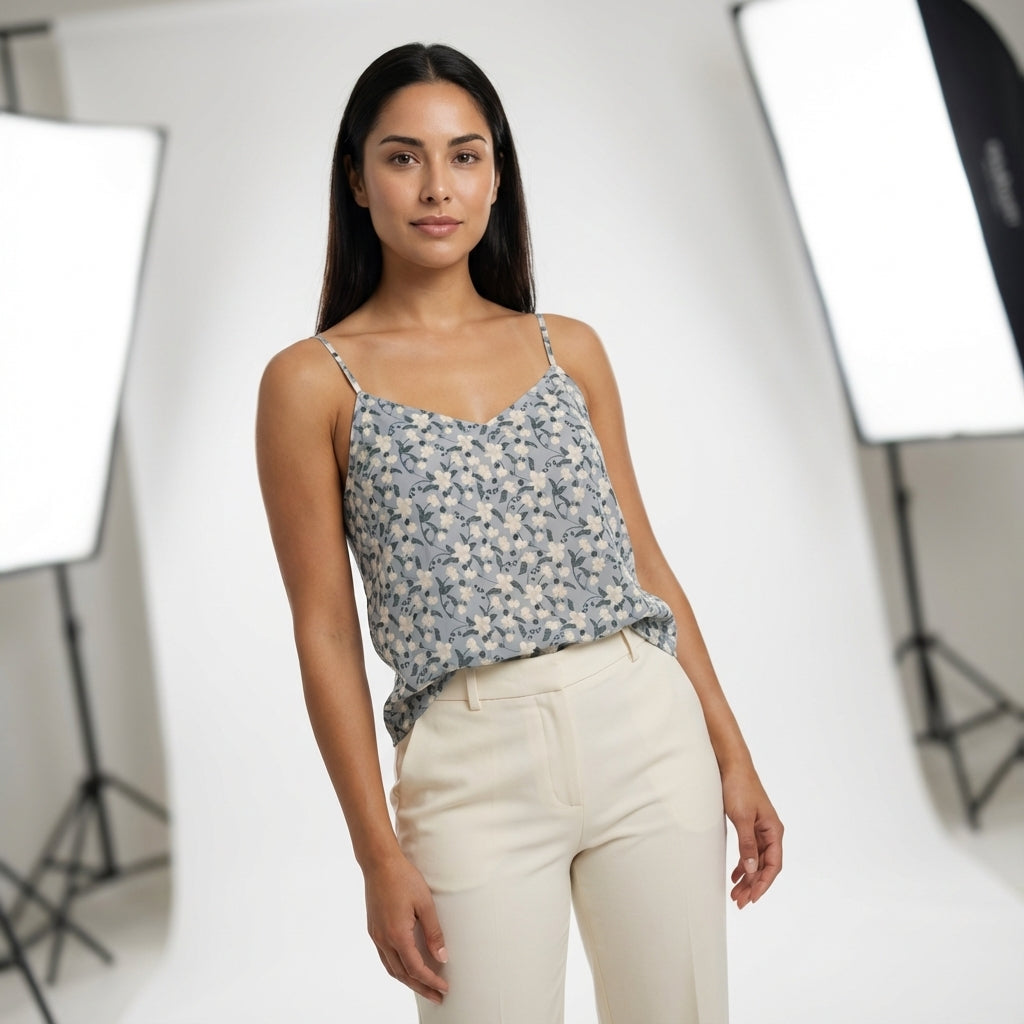 Delicate Cotton Cami with Orchids in Dusty Blue Background