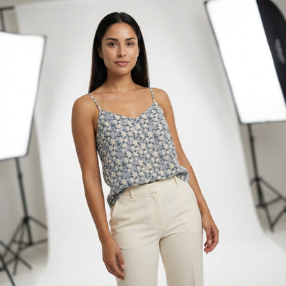 Delicate Cotton Cami with Orchids in Dusty Blue Background