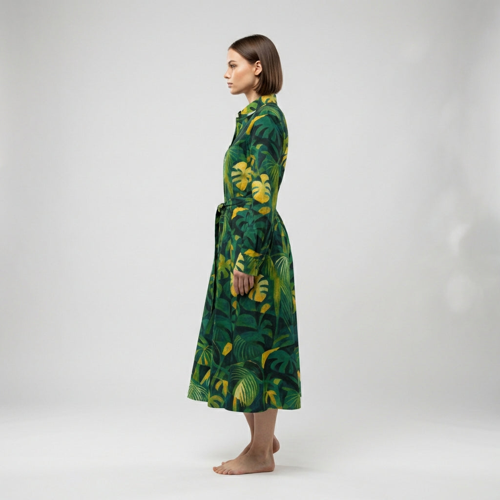 Button Front Shirt Dress Green Leaves