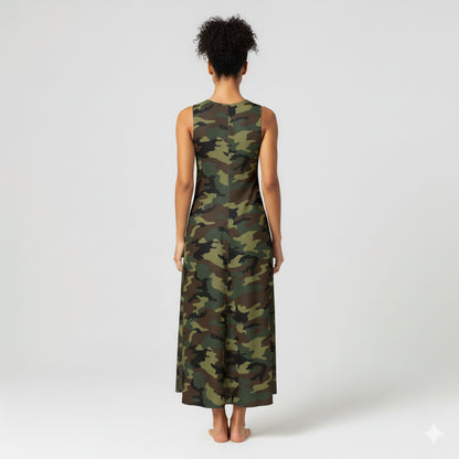 V-Neck A-Line Dress in Camouflage Print