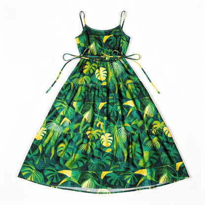 Maxi Dress with Waist Tie Green Leaves