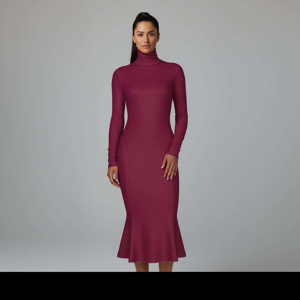Turtleneck Body Con Dress in Mulberry Jersey