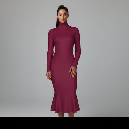 Turtleneck Body Con Dress in Mulberry Jersey