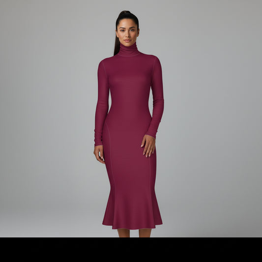 Turtleneck Body Con Dress in Mulberry Jersey