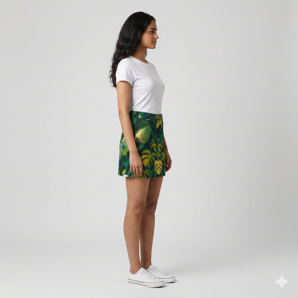 Denim Mini Skirt Green Leaves