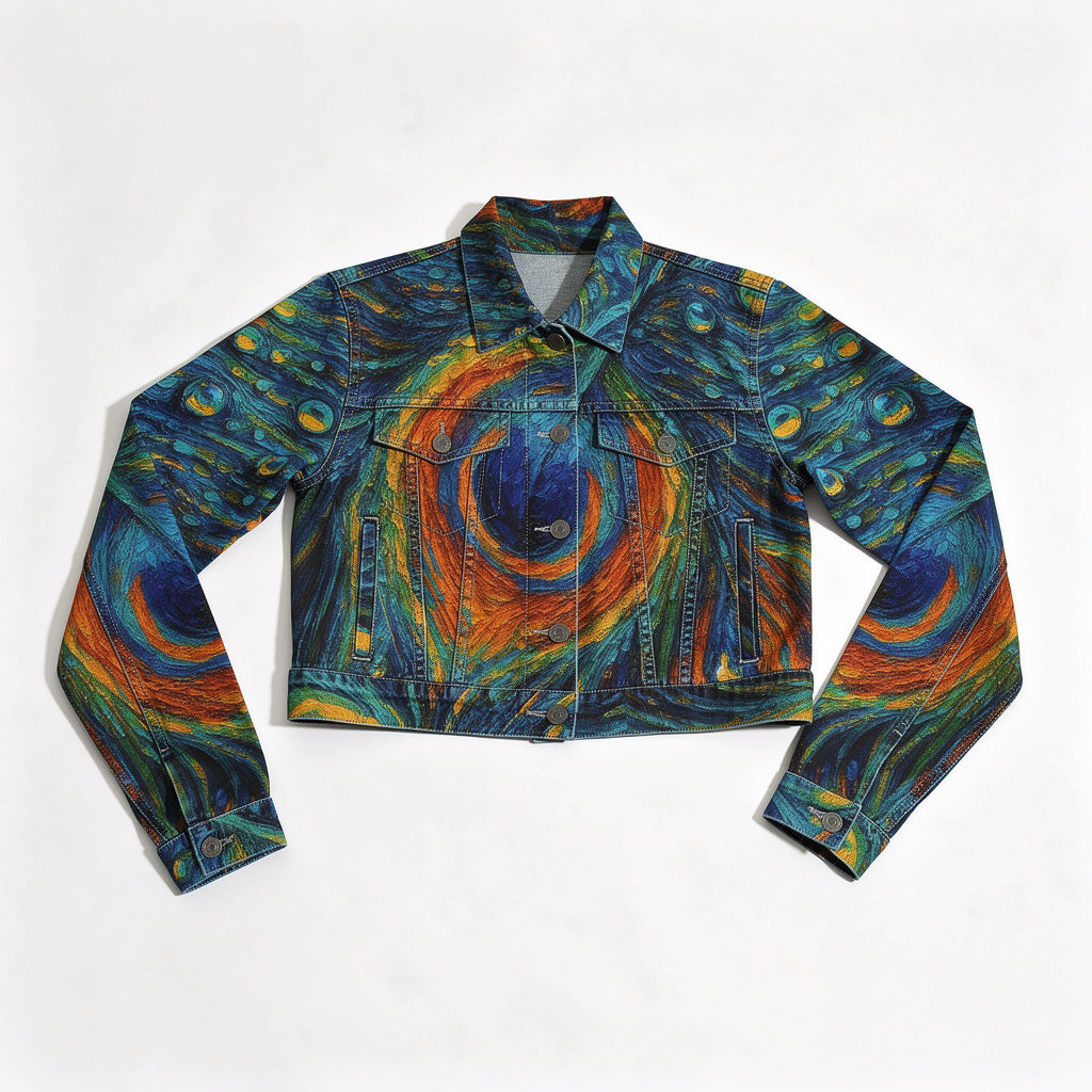 Cropped Jean Cotton Jacket Orange Peacock Feather