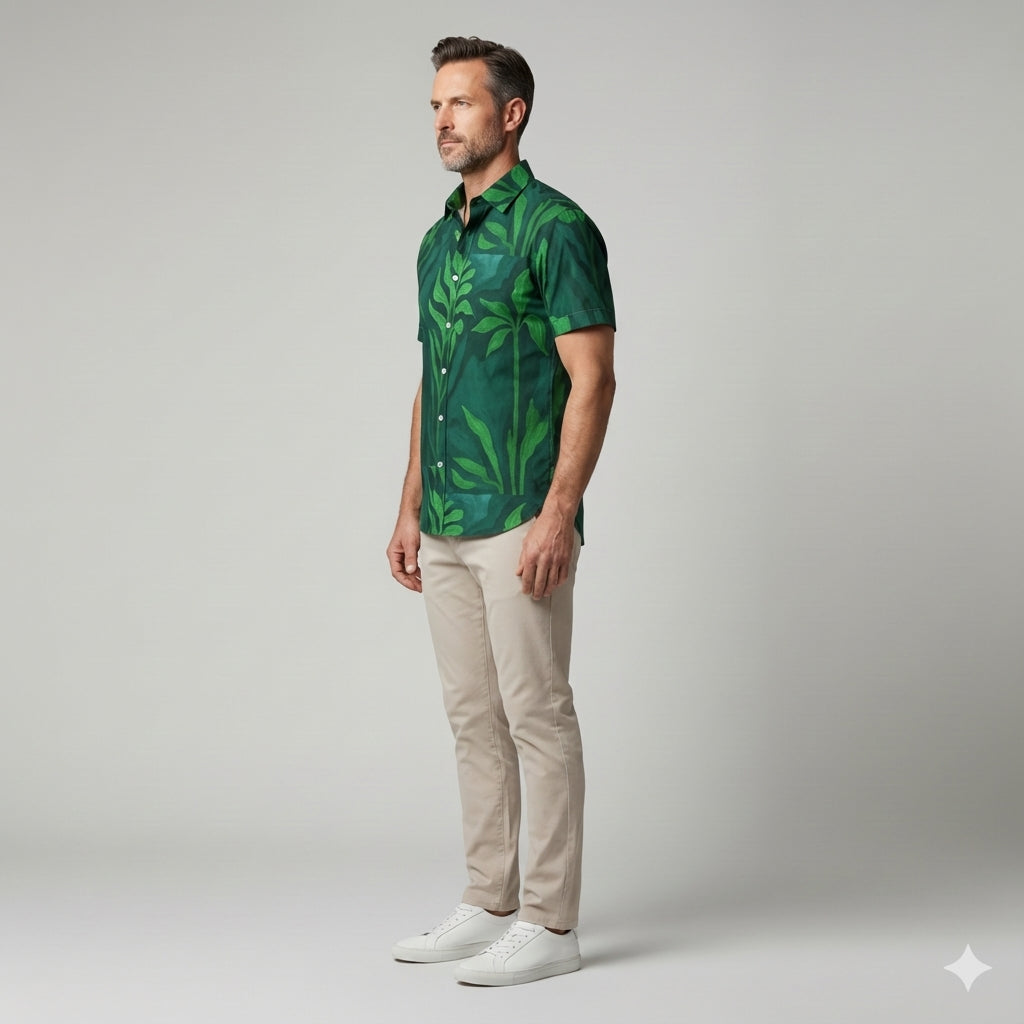 Men's Dress Shirt Green Flowers - Short Sleeve