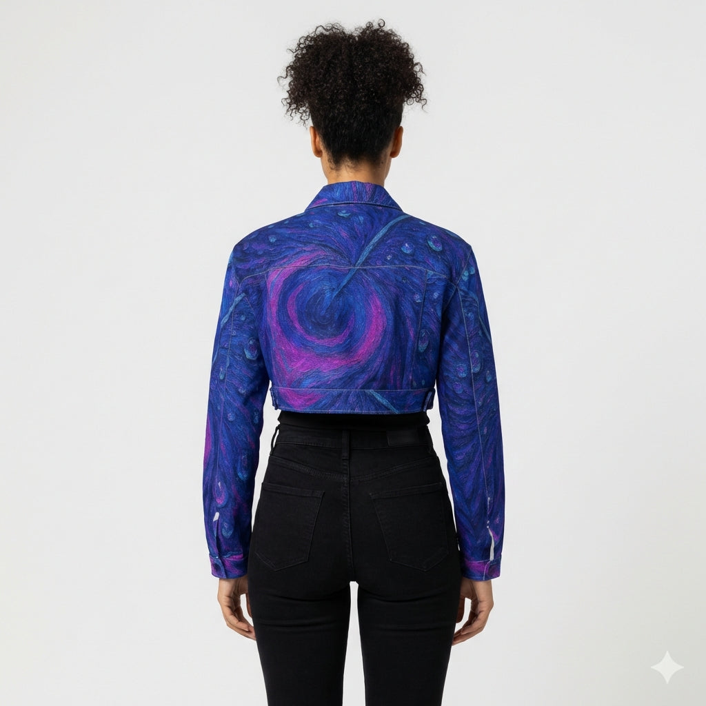 Cropped Jean Cotton Jacket Blue Peacock Feather