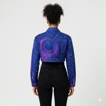 Cropped Jean Cotton Jacket Blue Peacock Feather