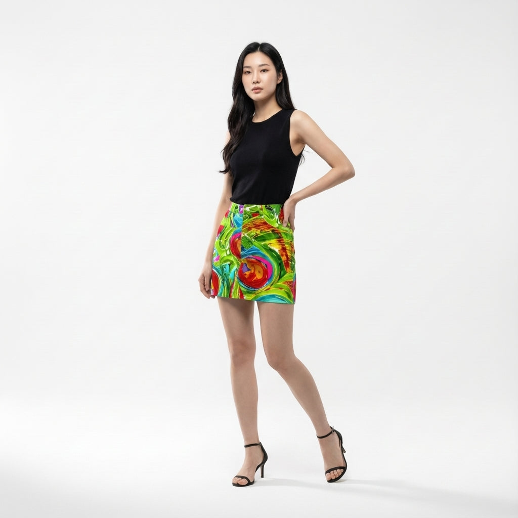Denim Mini Skirt in Abstract Watercolor Print