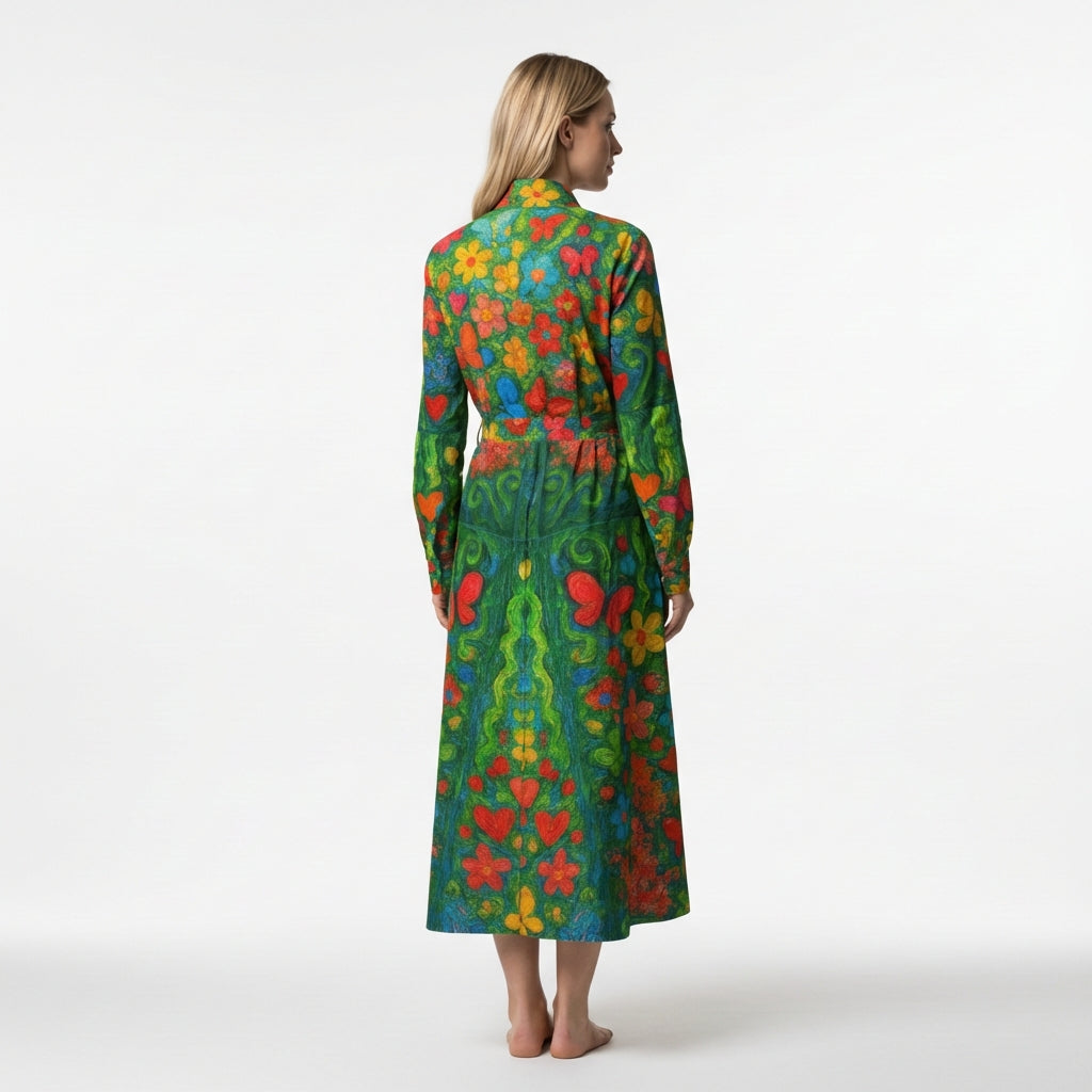 Button Front Shirt Dress Butterfly Flowers