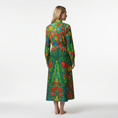 Button Front Shirt Dress Butterfly Flowers