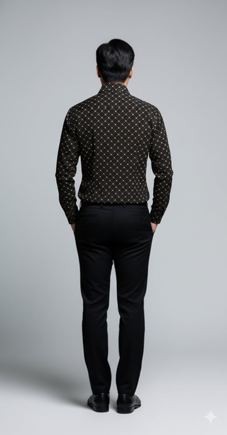 Crown and Lines Silver on Black Structured Linen Dress Shirt with Franklin Spread Collar