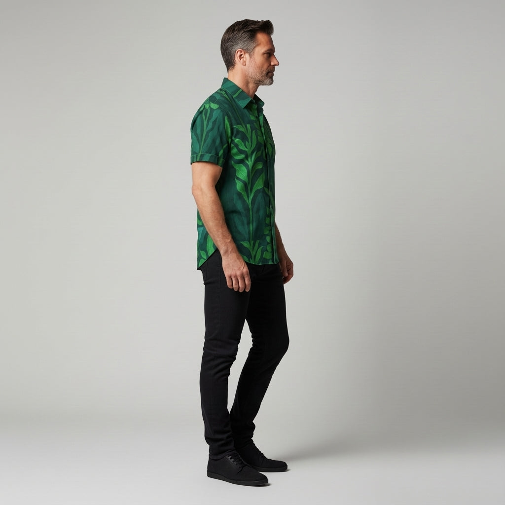 Men's Dress Shirt Green Flowers - Short Sleeve