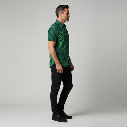 Men's Dress Shirt Green Flowers - Short Sleeve