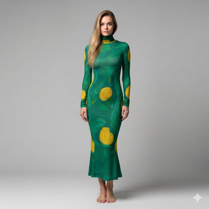  Sarong Maxi Turtleneck Body Con Dress Yellow Flowers