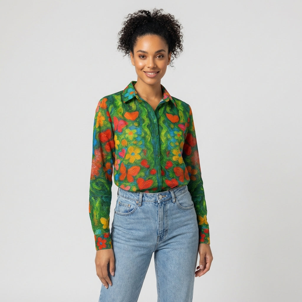 Button Front Shirt Butterfly Flowers