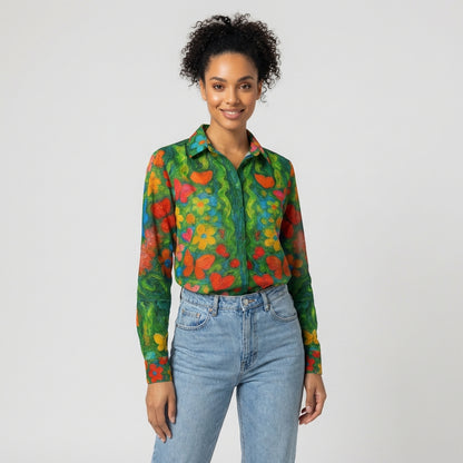 Button Front Shirt Butterfly Flowers