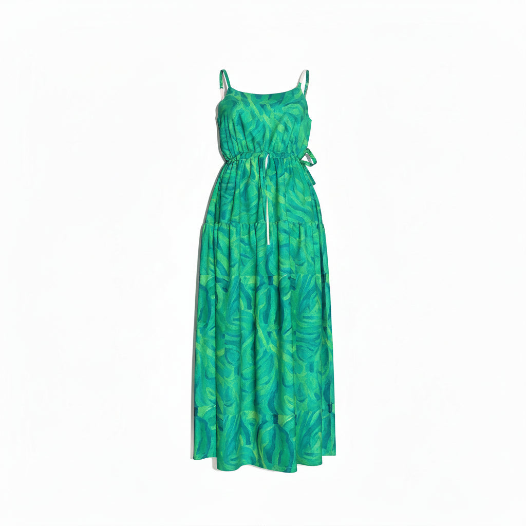 Maxi Dress with Waist Tie in Lightweight Cotton Poplin Teal Noodles