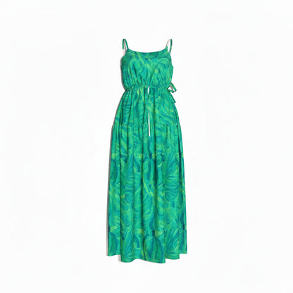 Maxi Dress with Waist Tie in Lightweight Cotton Poplin Teal Noodles