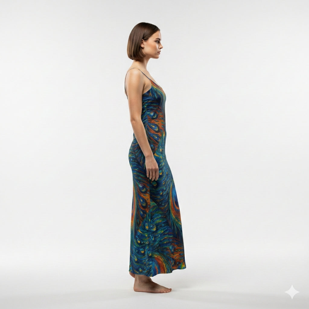 Bias Slip Dress Orange Peacock Feather