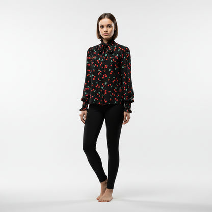 Women's Cherry Print Tied Neck Blouse