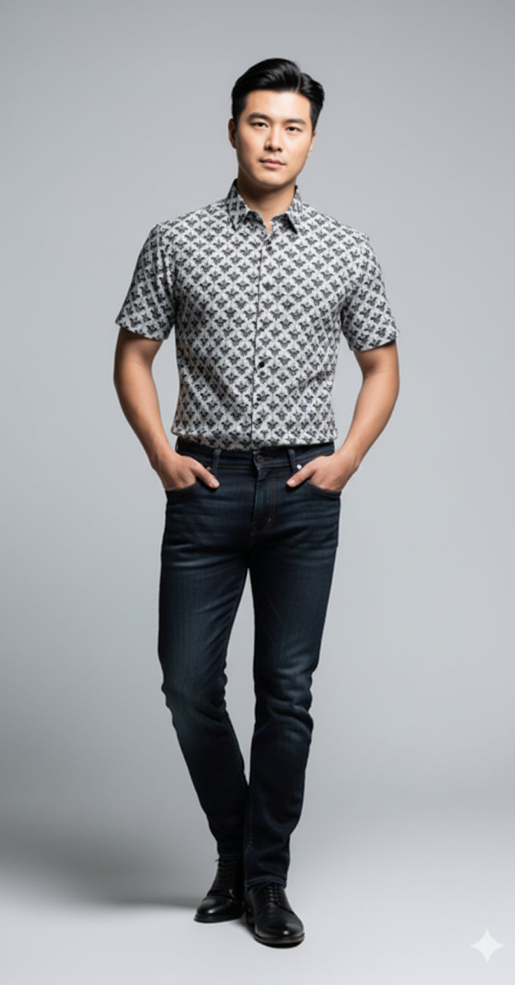 Bat Damask Short Sleeve Casual Shirt