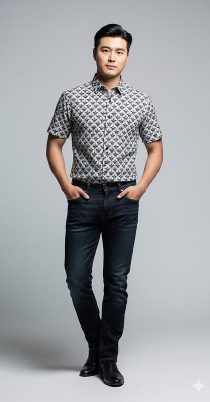 Bat Damask Short Sleeve Casual Shirt
