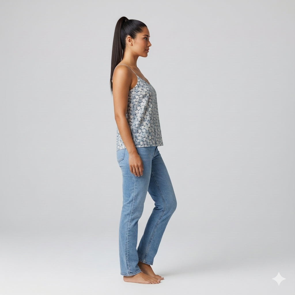 Delicate Cotton Cami with Orchids in Dusty Blue Background