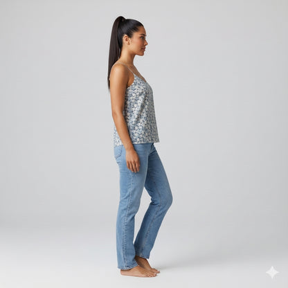 Delicate Cotton Cami with Orchids in Dusty Blue Background