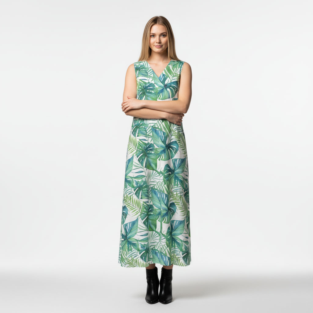 V-Neck A-Line Palm Dress in White Organic Cotton Twill