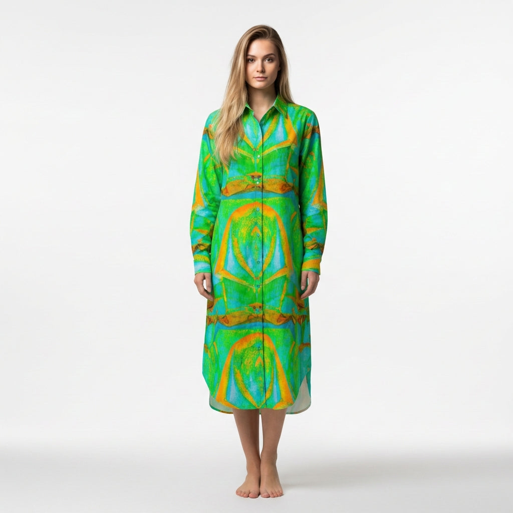 Long Sleeve Shirt Dress Palm Tree Island