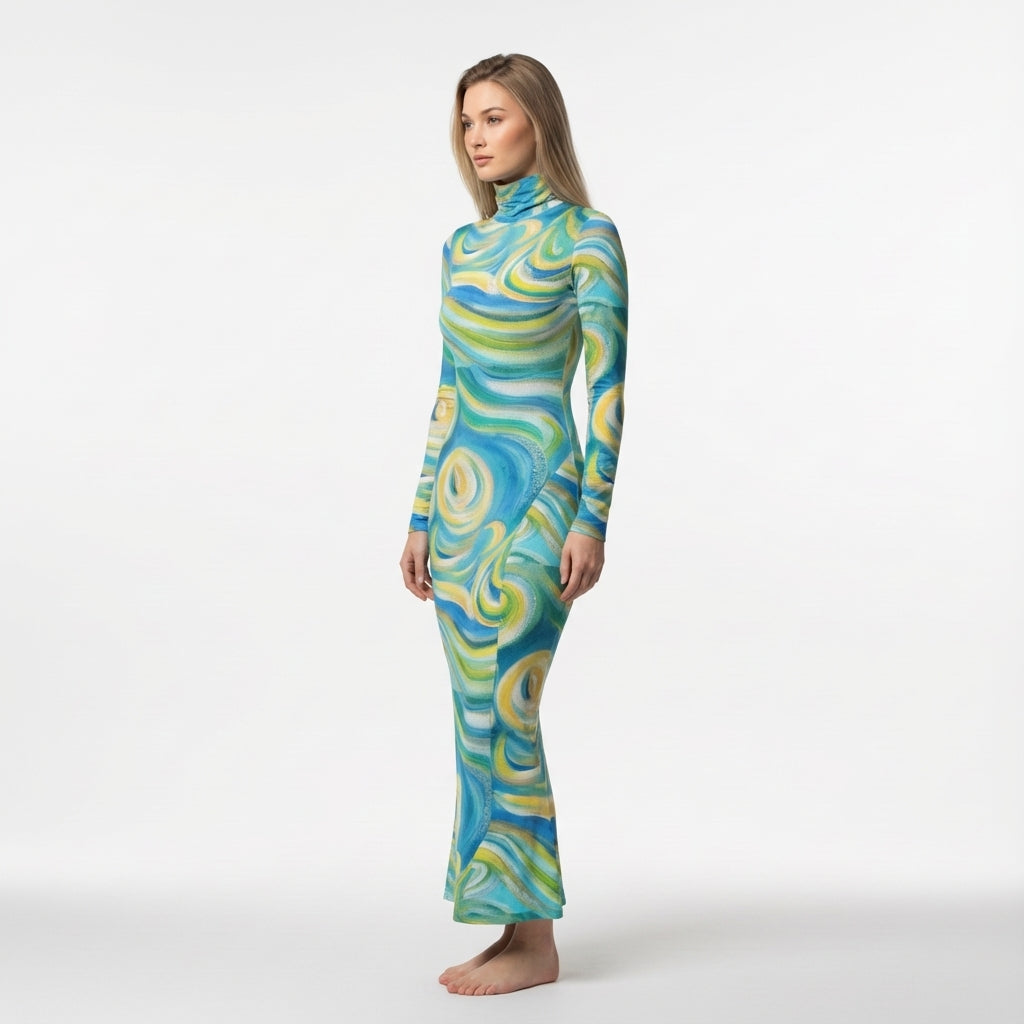 Sarong Maxi Turtleneck Body Con Dress Sea Swirls
