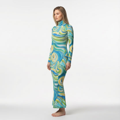 Sarong Maxi Turtleneck Body Con Dress Sea Swirls
