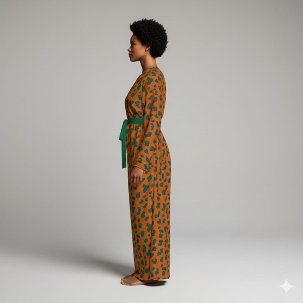 Ecovero Kimono-Sleeve Abaya: Orange & Green Micro-Print