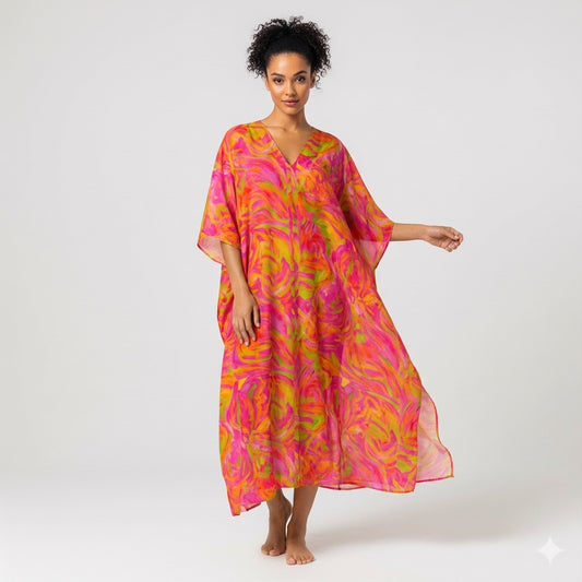Caftan in Pink Noodles Lightweight Organic Cotton Voile 