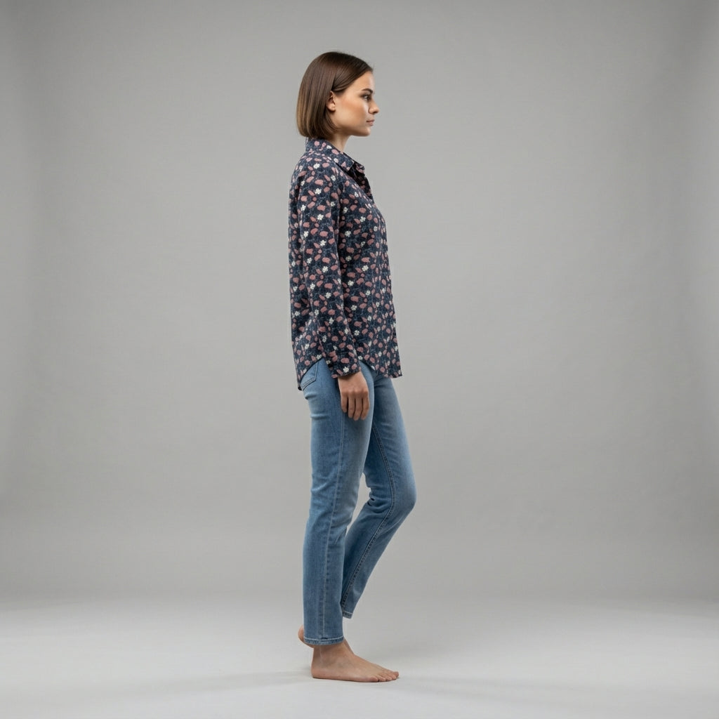 Feminine Floral Button Down Shirt with Handpainted Roses on Navy background