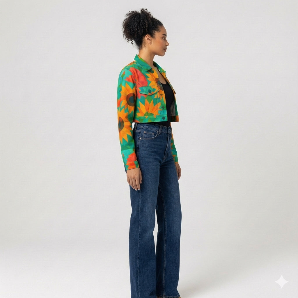 Cropped Jean Cotton Jacket Sunflowers