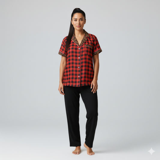 Buffalo Check/ Leopard Pajama Top