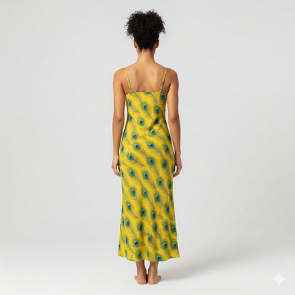 Bias Slip Dress Yellow Peacock Feathers