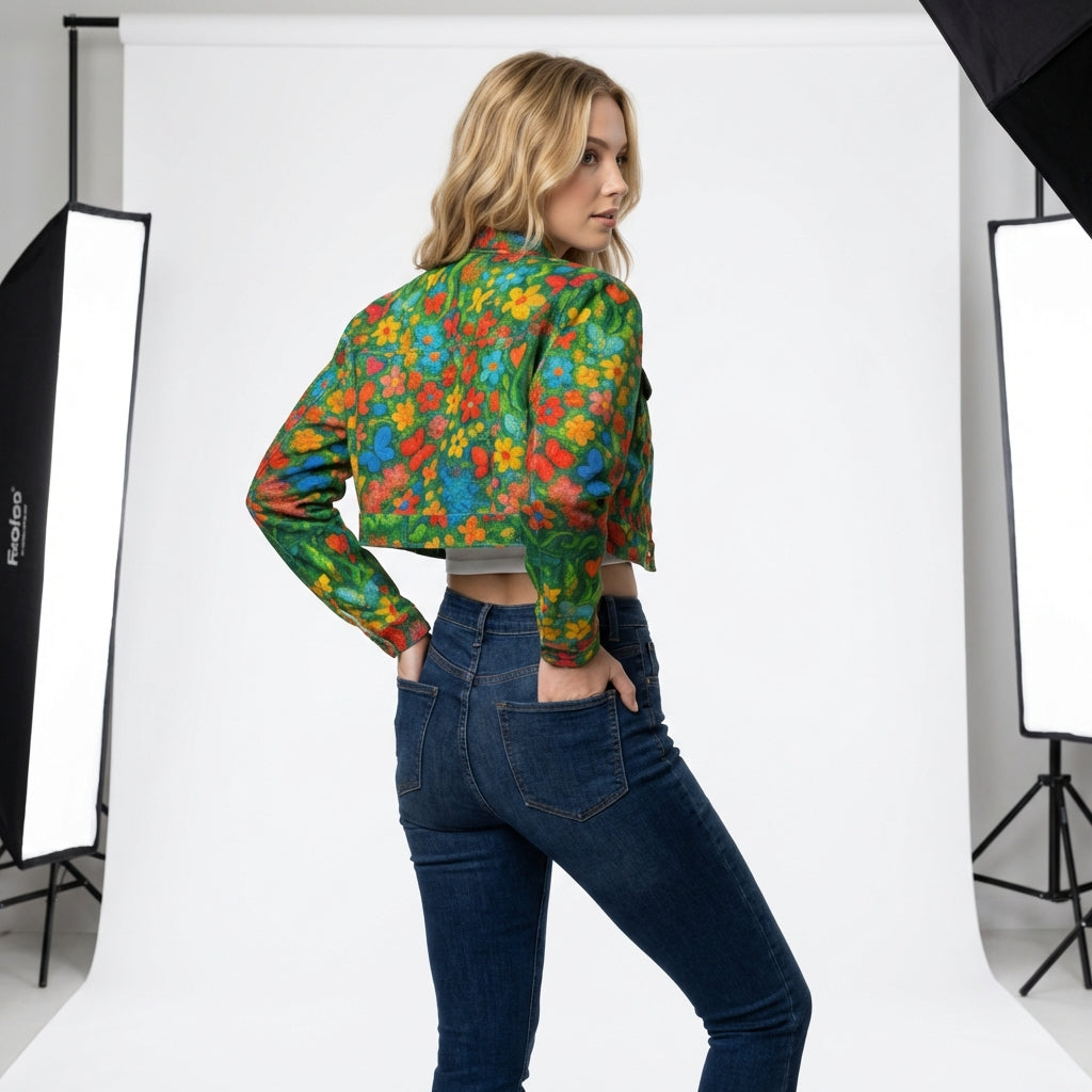 Cropped Jean Cotton Jacket Butterfly Flowers