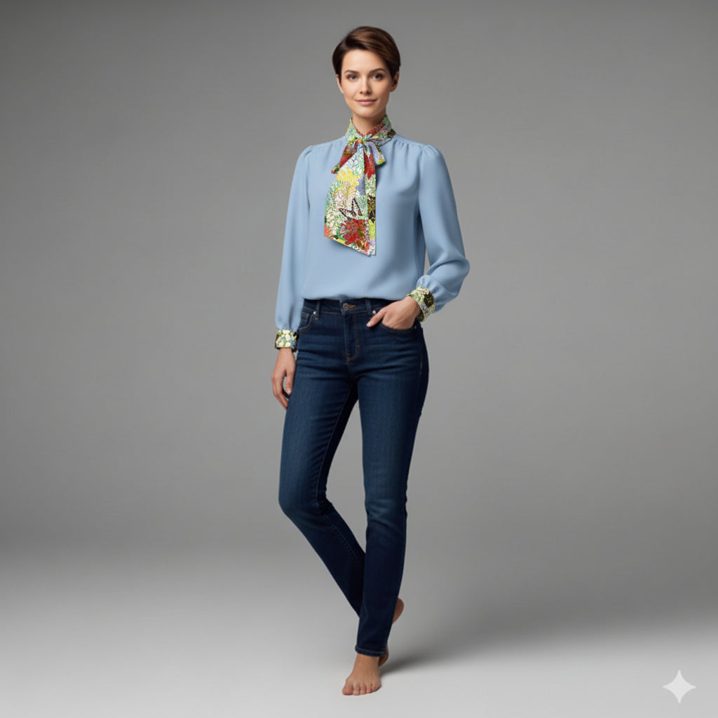 Women's Bow Blouse (light blue/floral)